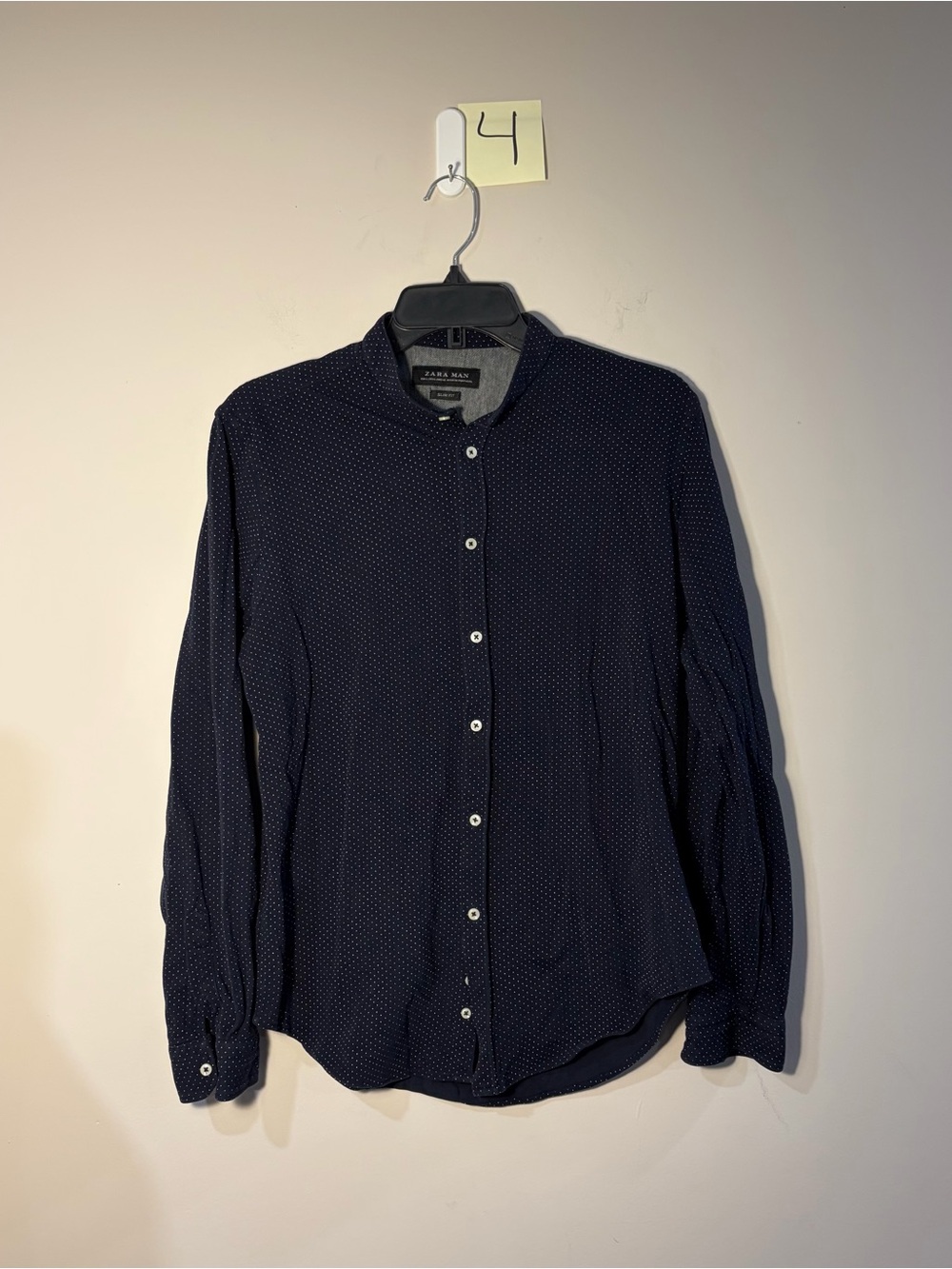 Zara Navy Band-Collar Button-Down Shirt with Micro Dot Print
